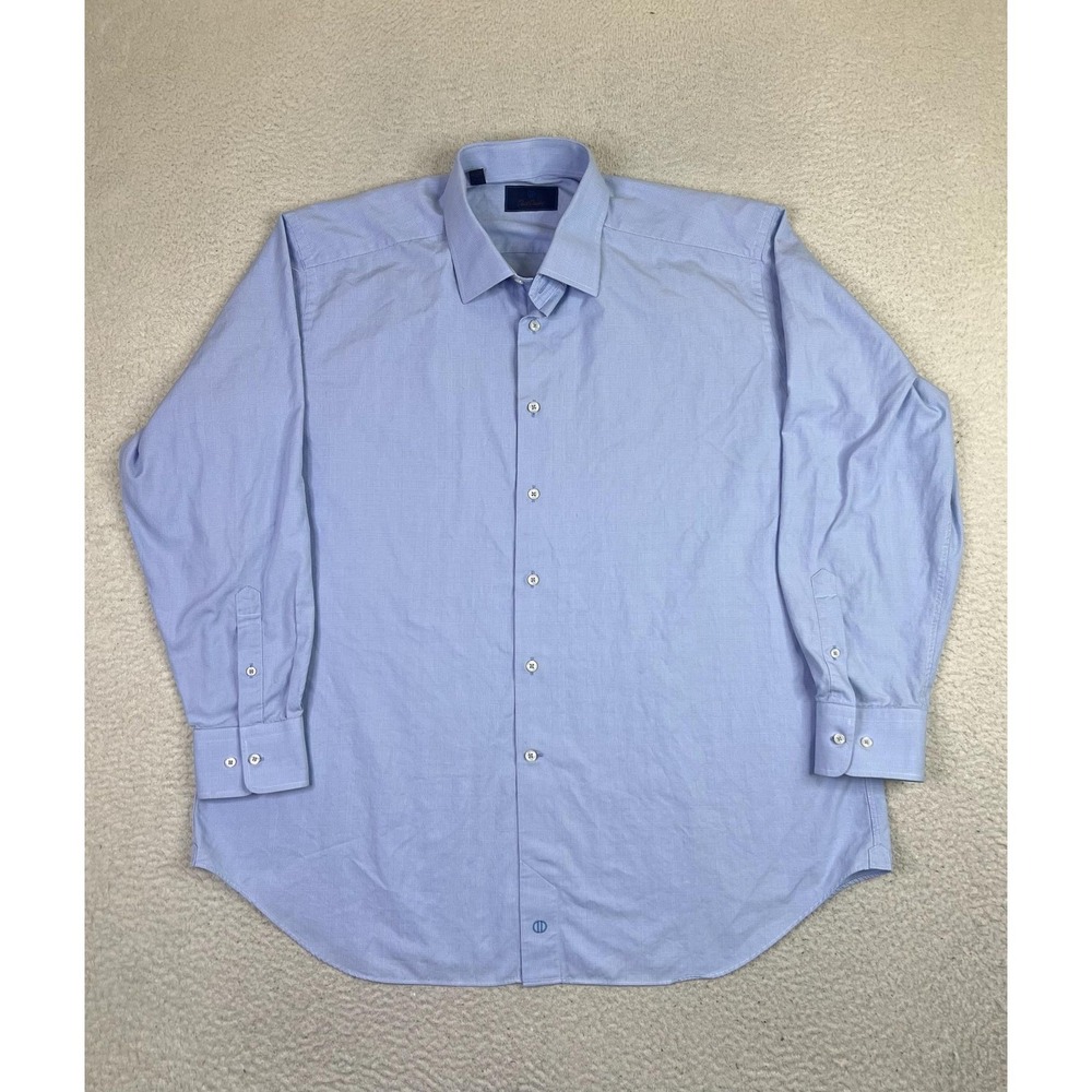 David Donahue Shirt Mens 18 34/35 Light Blue Check Dress Long Sleeve Cotton